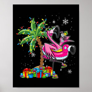 Pink Flamingo Christmas Palm Tree Tropical Xmas Ho Poster