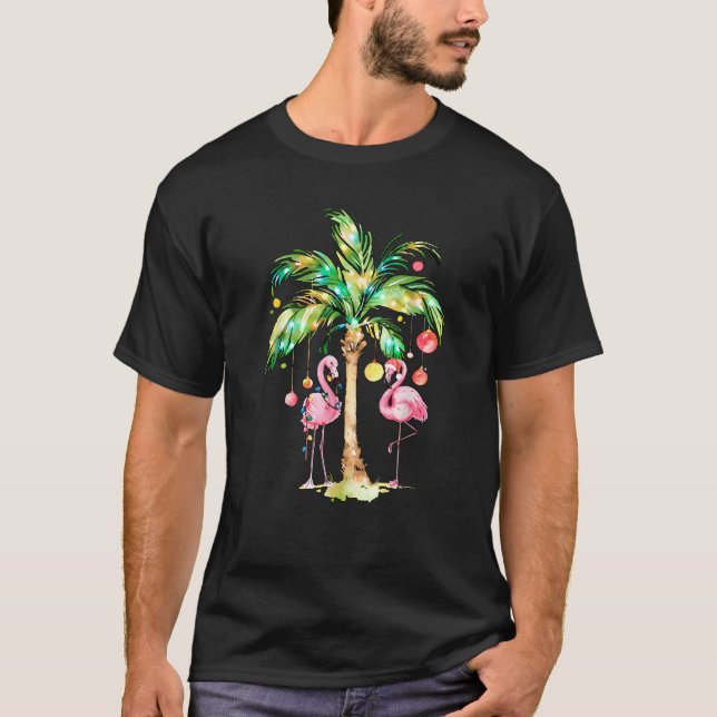 Pink Flamingo Christmas Palm Tree Tropical Xmas Ho T-Shirt (Front)