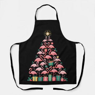 Pink Flamingo Christmas Tree Cute Xmas Holiday Apron