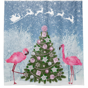 Pink Flamingo Christmas Tree Shower Curtain
