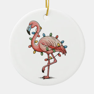 Pink Flamingo Christmas Xmas Lights Holiday Ceramic Ornament