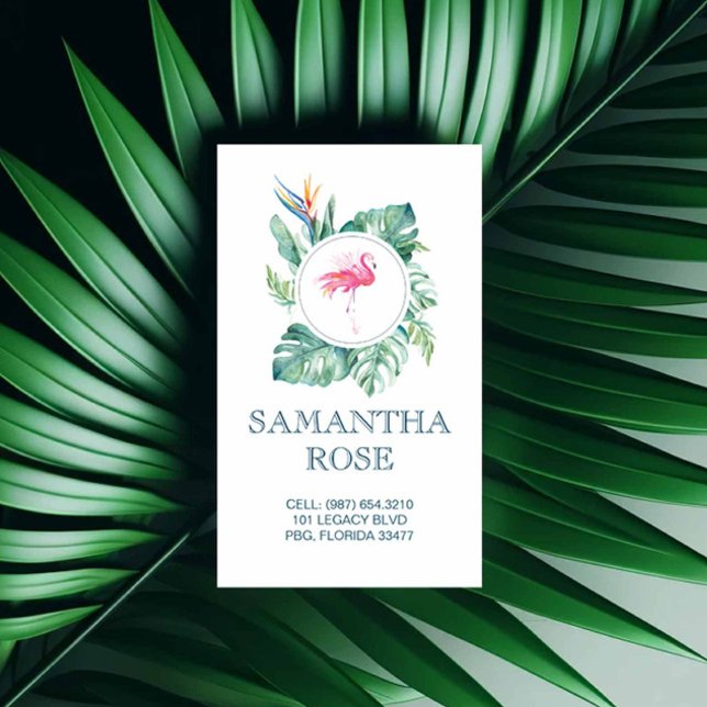 Pink Flamingo Coastal Mummy Card (Girly business cards feature watercolor pink flamingo & tropical palm leaf art Victoria Grigaliunas)
