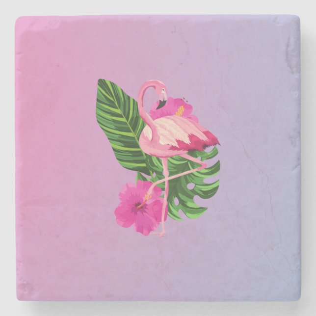 Pink flamingo colourful floral stone coaster (Front)
