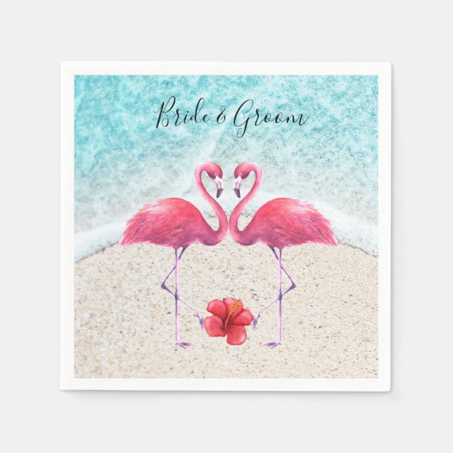 Pink Flamingo couple love at the beach Wedding   Napkin (Front)