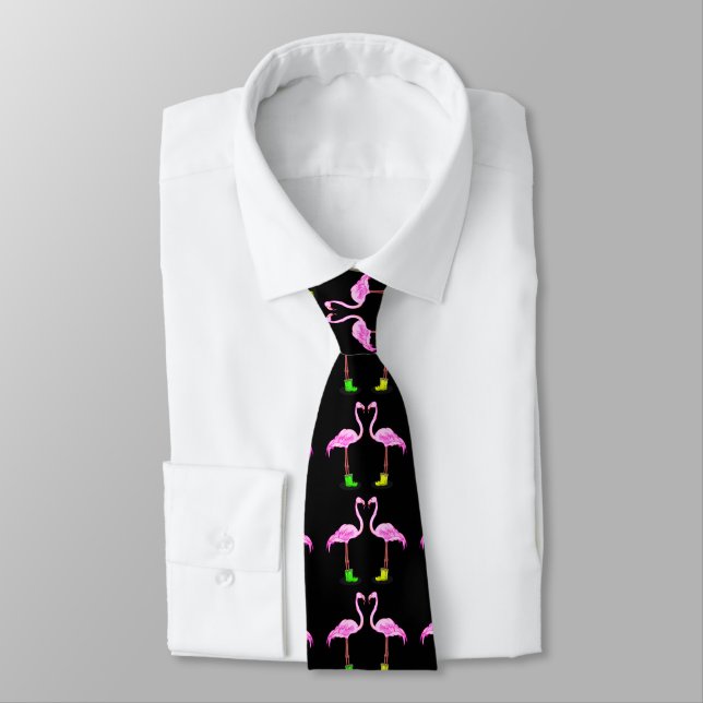 Pink Flamingo Couple Making A Heart Shape Tie (Tied)