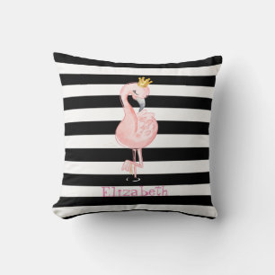 Pink Flamingo,Crown Black, White Stripes Cushion