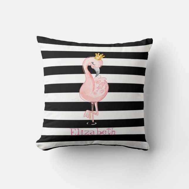 Pink Flamingo,Crown Black, White Stripes Cushion (Front)