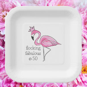Pink Flamingo Crown Flocking Fabulous at Fifty Paper Plate