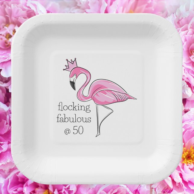 Pink Flamingo Crown Flocking Fabulous at Fifty Paper Plate (Creator Uploaded)