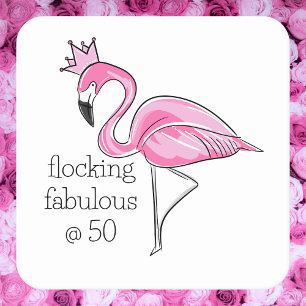Pink Flamingo Crown Flocking Fabulous at Fifty Square Paper Coaster