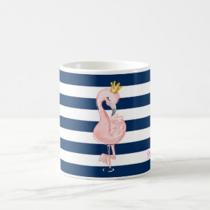 Pink Flamingo,Crown Navy Blue Stripes Coffee Mug