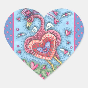 PINK FLAMINGO CUPID AND FLYING HEARTS VALENTINE HEART STICKER