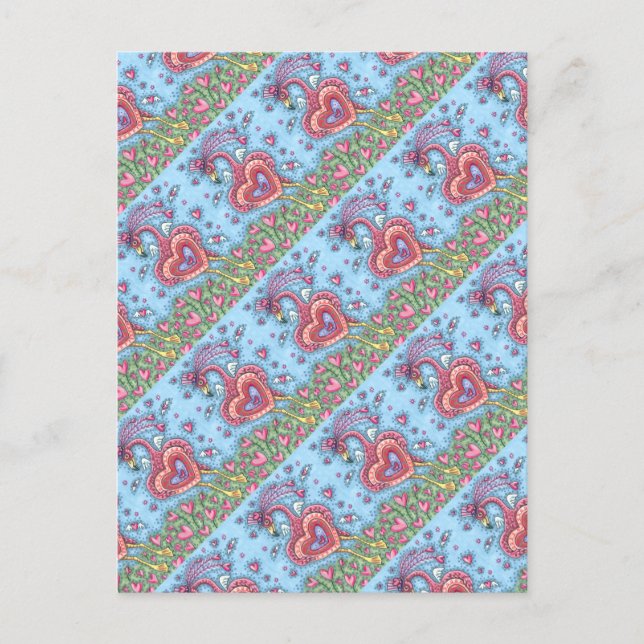 PINK FLAMINGO CUPID AND FLYING HEARTS VALENTINE HOLIDAY POSTCARD (Front)