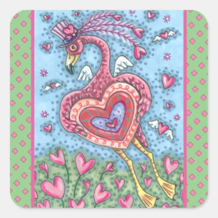 PINK FLAMINGO CUPID AND FLYING HEARTS VALENTINE SQUARE STICKER