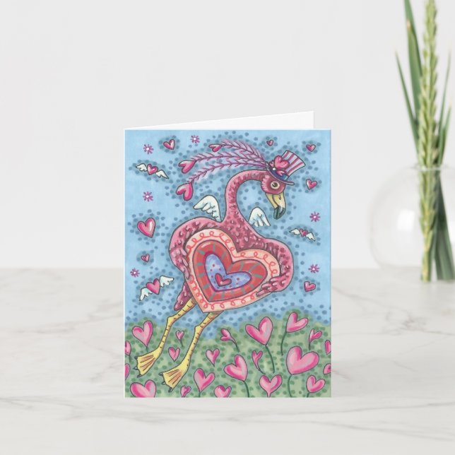 PINK FLAMINGO CUPID VALENTINE NOTE CARD *Customise (Front)