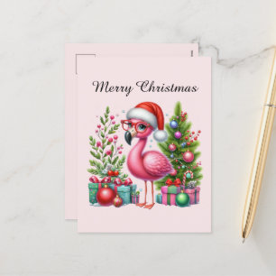 pink flamingo customisable Merry Christmas Holiday Postcard