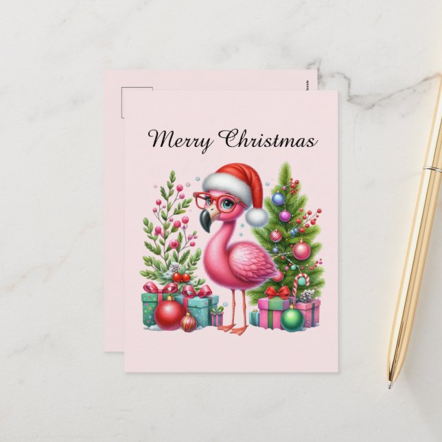 pink flamingo customisable Merry Christmas Holiday Postcard (Front/Back In Situ)