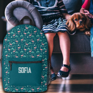 Pink Flamingo cute dark teal pattern name Printed Backpack