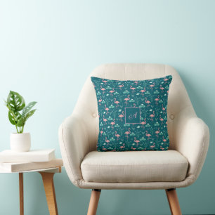  Pink Flamingo cute green teal pattern initial  Cushion