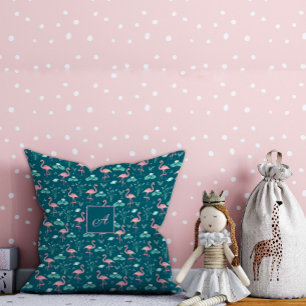 Pink Flamingo cute green teal pattern initial Cushion