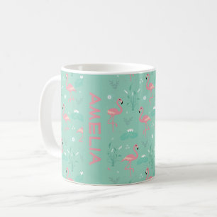 Pink Flamingo cute green teal pattern name Coffee Mug