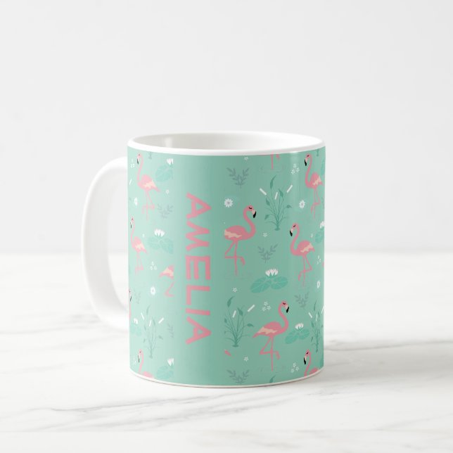  Pink Flamingo cute green teal pattern name Coffee Mug (Front Left)