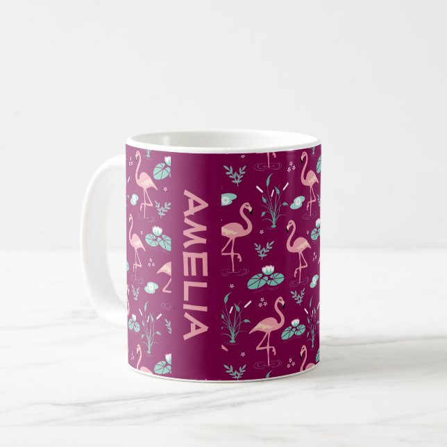  Pink Flamingo cute red pattern name Coffee Mug (Front Left)