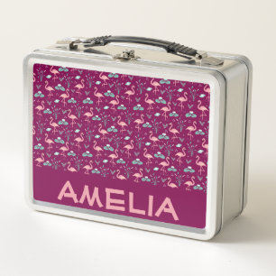 Pink Flamingo cute red pattern name Metal Lunch Box