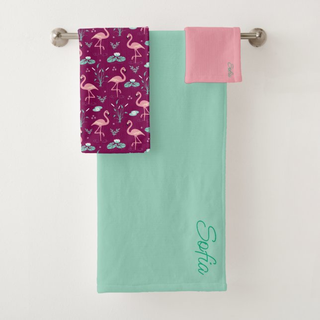  Pink Flamingo cute red teal pattern Bath Towel Set (Insitu)