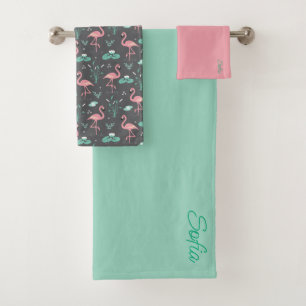 Pink Flamingo cute tuquoise grey pattern Bath Towel Set