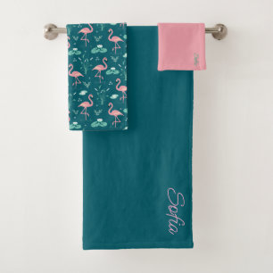 Pink Flamingo cute tuquoise teal pattern Bath Towel Set