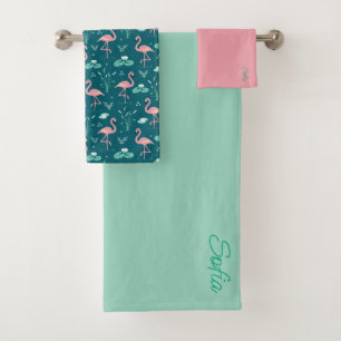 Pink Flamingo cute tuquoise teal pattern Bath Towel Set