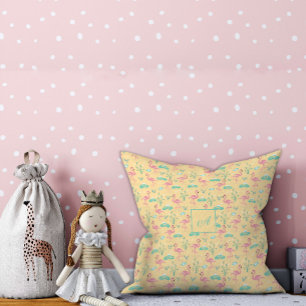 Pink Flamingo cute yellow pattern initial Cushion