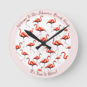 Pink Flamingo Design Beach House Welcome Summer Round Clock