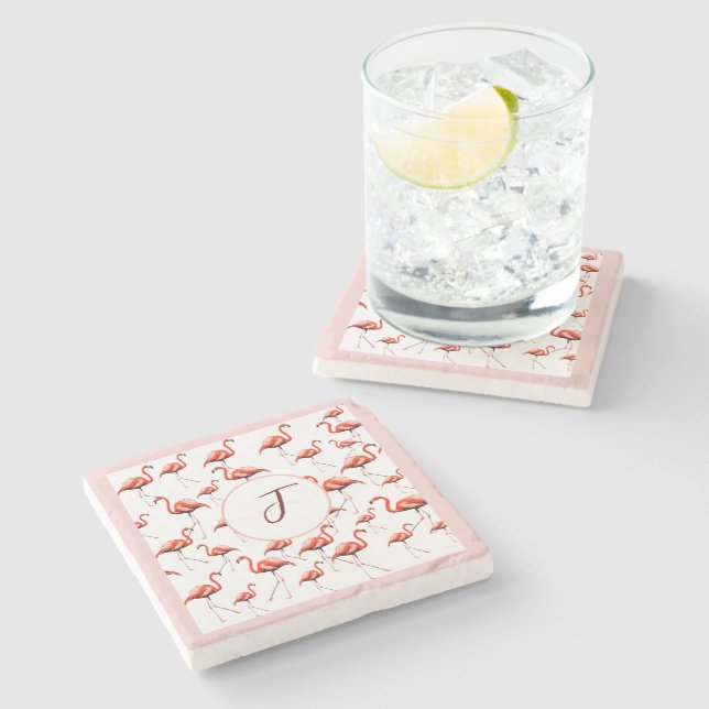 Pink Flamingo Design Custom Family Monogram Summer Stone Coaster (Side)