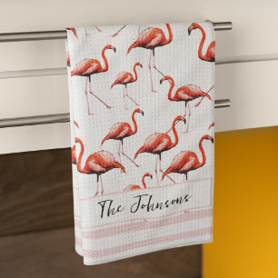 Pink Flamingo Design Custom Family Name Summer Tea Towel