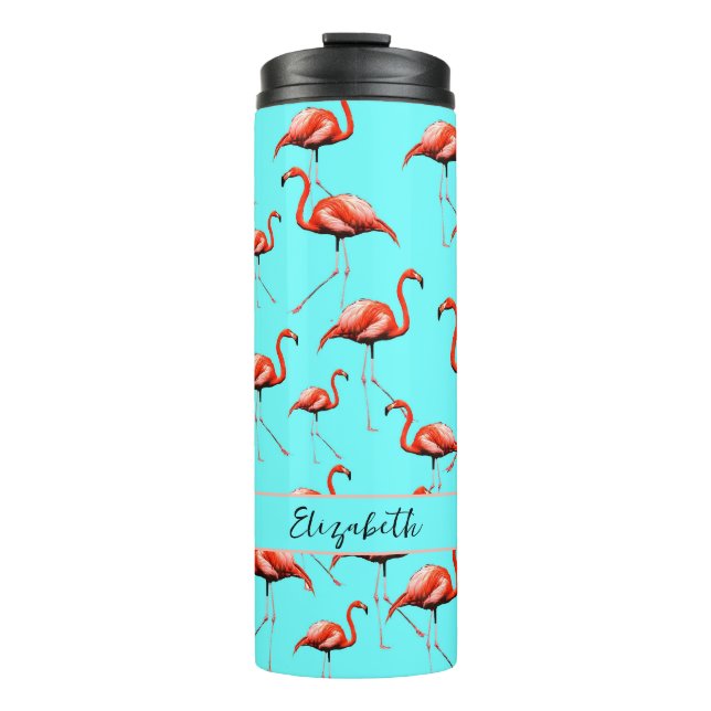 Pink Flamingo Design Custom Name Summer Animals  Thermal Tumbler (Front)
