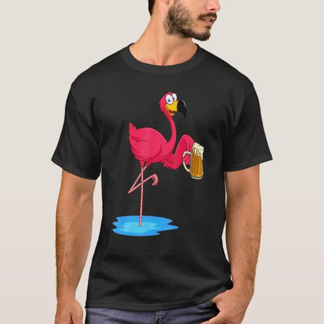 Pink Flamingo Drinking Beer  Drinker Summer Vibes T-Shirt (Front)