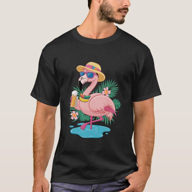 Pink Flamingo Drinking Beer Summer Vacation Alcoho T-Shirt (Front)