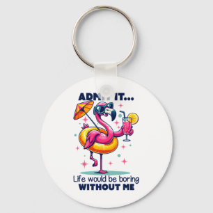 Pink Flamingo Drinking Tails Summer Vacation Beach Key Ring