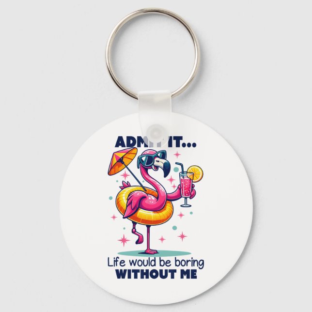 Pink Flamingo Drinking Tails Summer Vacation Beach Key Ring (Front)