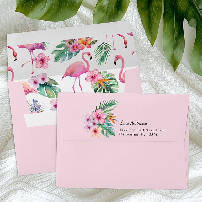 Pink Flamingo Envelope with Tropical Liner (Flamingo Tropical Baby Shower Envelope)