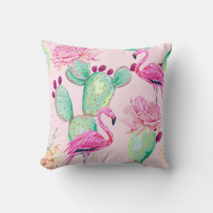 Pink flamingo, exotic birds, gentle flowers, rose, cushion