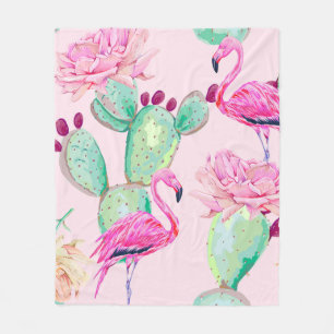 Pink flamingo, exotic birds, gentle flowers, rose, fleece blanket