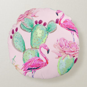 Pink flamingo, exotic birds, gentle flowers, rose, round cushion