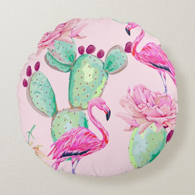 Pink flamingo, exotic birds, gentle flowers, rose, round cushion (Front)