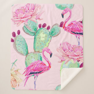 Pink flamingo, exotic birds, gentle flowers, rose, sherpa blanket