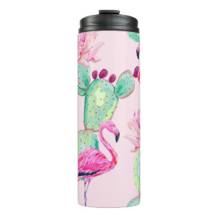 Pink flamingo, exotic birds, gentle flowers, rose, thermal tumbler