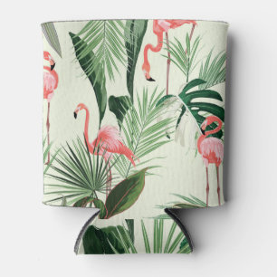 Pink Flamingo Exotic Flowers Pattern Can Cooler