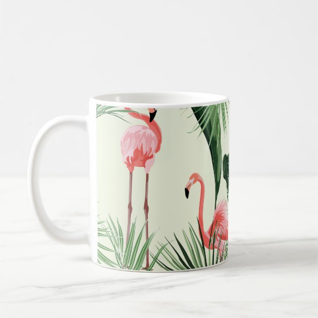Pink Flamingo Exotic Flowers Pattern Coffee Mug (Left)